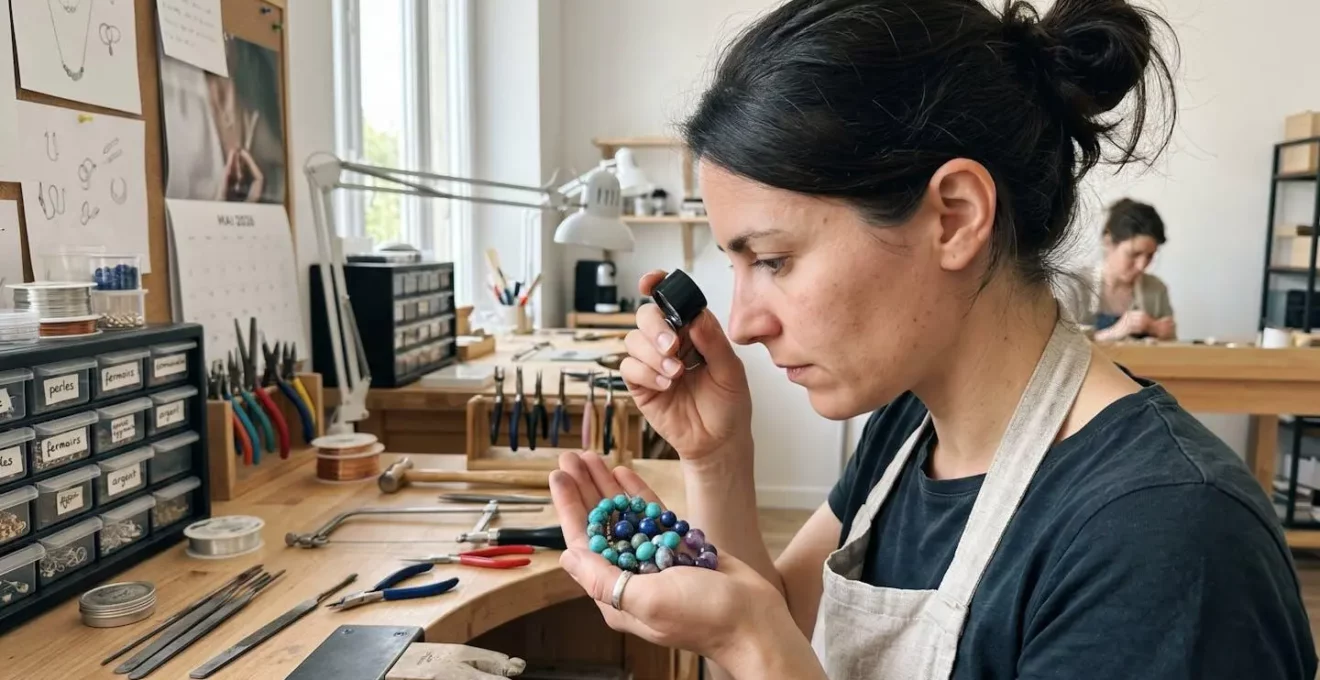 Créatrice de bijoux vue de profil examinant des perles à la loupe dans un atelier contemporain éclairé par la lumière naturelle