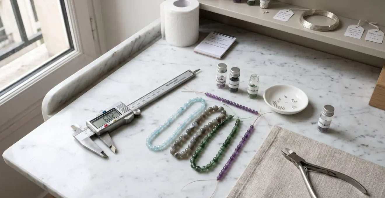 Plan large d'un établi d'atelier de bijouterie moderne avec pied à coulisse numérique et fils de perles organisés par taille sous lumière naturelle