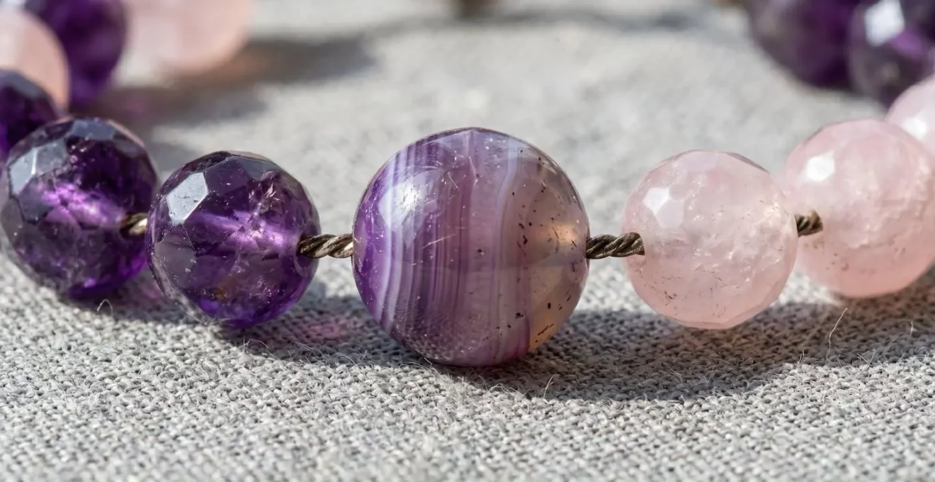 Gros plan sur plusieurs perles en pierres naturelles de couleurs variées enfilées sur un câble métallique, avec mise au point nette sur une perle centrale violette