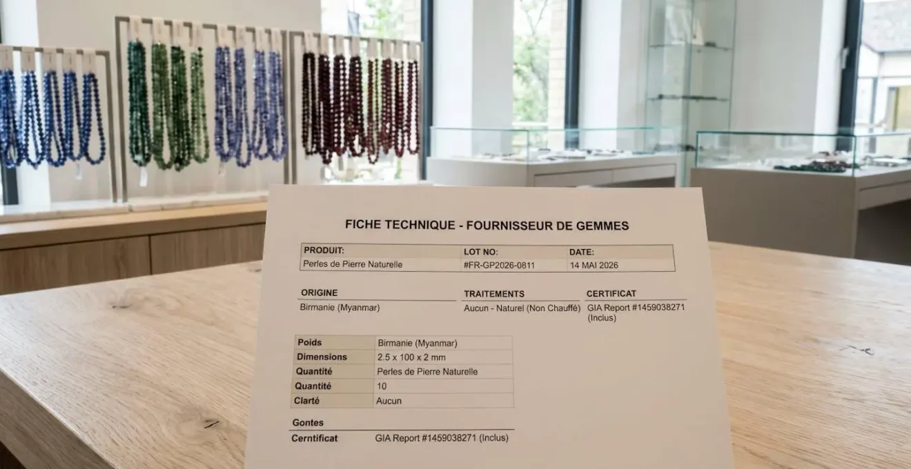 Gros plan sur une fiche technique de perles avec mentions 'Origine', 'Traitements', 'Certificat' visibles, posée sur une table de showroom avec perles floues en arrière-plan